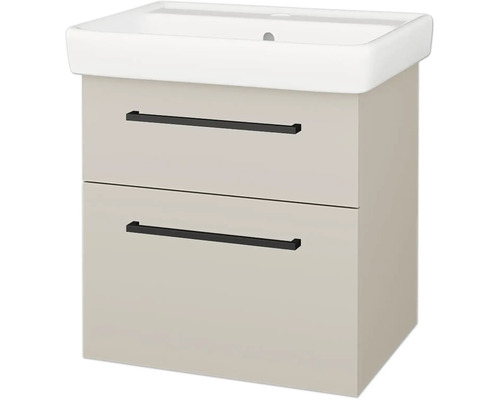 Koupelnová sestava s bílým umyvadlem a béžovou skříňkou se dvěma zásuvkami a černými úchytkami.