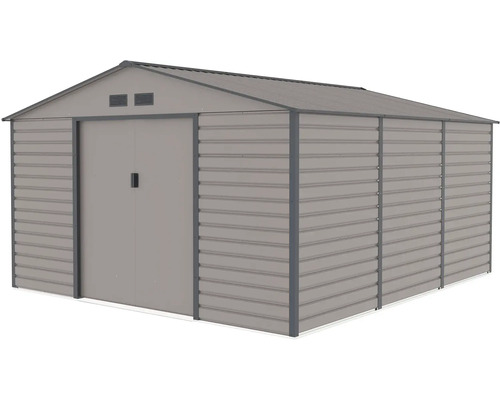 Velký kovový zahradní domek se sedlovou střechou, dvojitými posuvnými dveřmi a větracími štěrbinami.