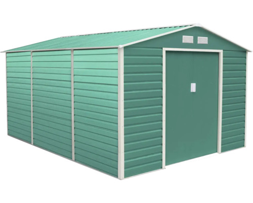 Zelený kovový zahradní domek s bílým rámem, sedlovou střechou, posuvnými dveřmi a větracími otvory.