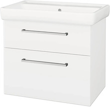 Bílá skříňka pod umyvadlo se dvěma zásuvkami a umyvadlem s kovovými úchytkami v chromovém provedení.