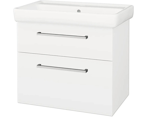 Bílá skříňka pod umyvadlo se dvěma zásuvkami a umyvadlem s kovovými úchytkami v chromovém provedení.