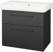 Tmavě šedá skříňka pod umyvadlo se dvěma zásuvkami, černými madly a bílým keramickým umyvadlem.