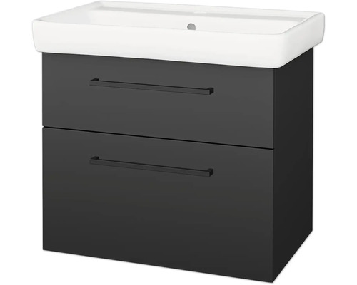 Tmavě šedá skříňka pod umyvadlo se dvěma zásuvkami, černými madly a bílým keramickým umyvadlem.