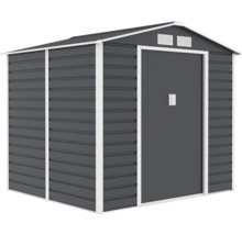 Antracitový kovový zahradní domek se sedlovou střechou, bílým rámem, posuvnými dveřmi a dvěma větracími otvory.