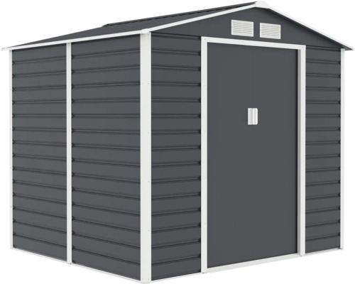 Antracitový kovový zahradní domek se sedlovou střechou, bílým rámem, posuvnými dveřmi a dvěma větracími otvory.