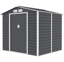 Antracitový kovový zahradní domek se sedlovou střechou, bílým rámem, posuvnými dveřmi a větracími otvory.