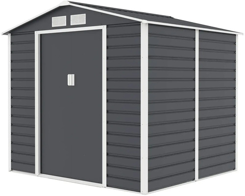 Antracitový kovový zahradní domek se sedlovou střechou, bílým rámem, posuvnými dveřmi a větracími otvory.