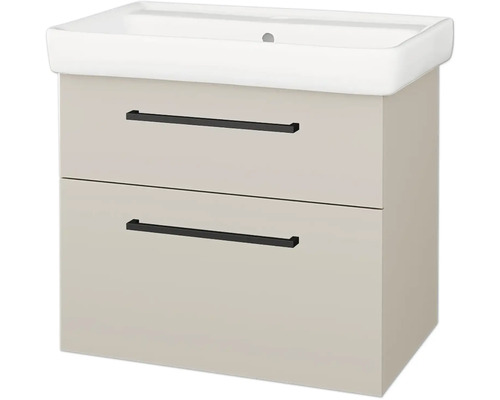 Béžová skříňka pod umyvadlo se dvěma zásuvkami, černými úchyty a bílým umyvadlem.