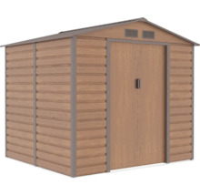 Kovový zahradní domek s dřevěným dekorem, sedlovou střechou, dvoukřídlými dveřmi a větracími otvory.