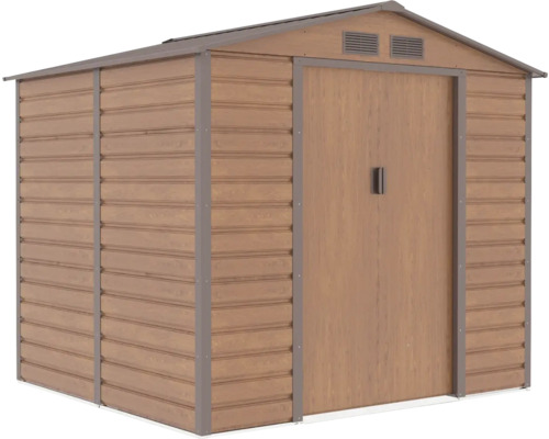 Kovový zahradní domek s dřevěným dekorem, sedlovou střechou, dvoukřídlými dveřmi a větracími otvory.