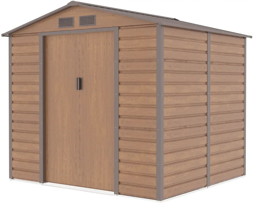 Kovový zahradní domek v dekoru dřeva se sedlovou střechou, dvoukřídlými dveřmi a větracími otvory.