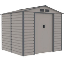 Kovový zahradní domek se sedlovou střechou, dvojitými posuvnými dveřmi a větracími otvory.