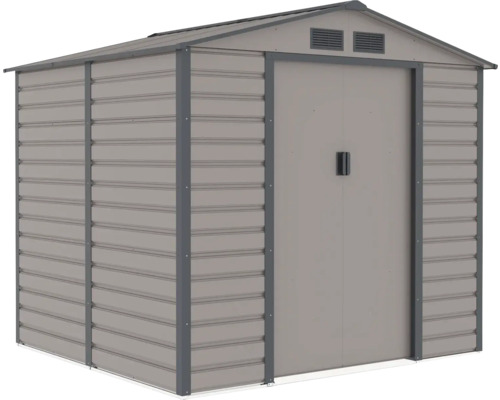 Kovový zahradní domek se sedlovou střechou, dvojitými posuvnými dveřmi a větracími otvory.