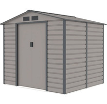 Šedý kovový zahradní domek se sedlovou střechou, dvojitými posuvnými dveřmi a větracími otvory.