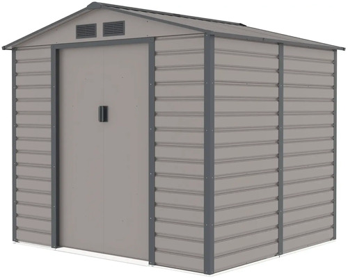 Šedý kovový zahradní domek se sedlovou střechou, dvojitými posuvnými dveřmi a větracími otvory.