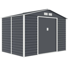 Antracitový kovový zahradní domek se sedlovou střechou, bílým rámem, posuvnými dveřmi a větracími mřížkami.