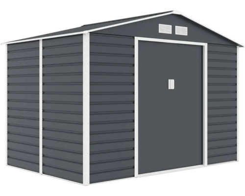 Antracitový kovový zahradní domek se sedlovou střechou, bílým rámem, posuvnými dveřmi a větracími mřížkami.