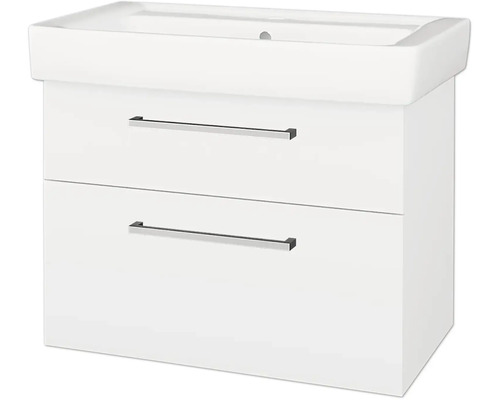 Bílá skříňka pod umyvadlo se dvěma zásuvkami, integrovaným umyvadlem a stříbrnými úchyty.