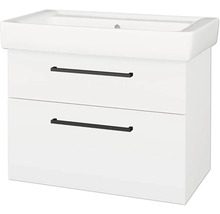 Bílá umyvadlová skříňka se dvěma zásuvkami, černými úchyty a integrovaným umyvadlem.