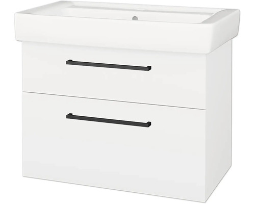 Bílá umyvadlová skříňka se dvěma zásuvkami, černými úchyty a integrovaným umyvadlem.