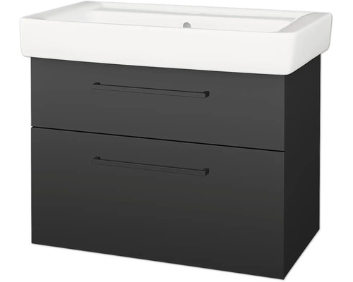 Koupelnová sestava skládající se z bílého umyvadla a antracitové spodní skříňky se dvěma zásuvkami a černými úchyty.