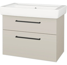 Umyvadlová skříňka se dvěma zásuvkami, černými úchyty a bílým keramickým umyvadlem.