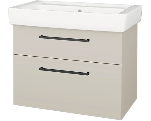 Umyvadlová skříňka se dvěma zásuvkami, černými úchyty a bílým keramickým umyvadlem.