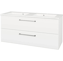 Koupelnová skříňka pod dvojumyvadlo se dvěma zásuvkami a kovovými úchyty v bílé barvě.