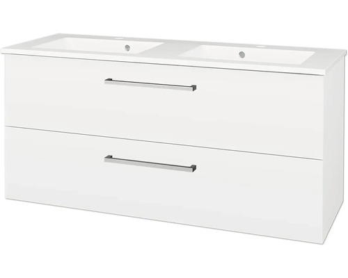 Koupelnová skříňka pod dvojumyvadlo se dvěma zásuvkami a kovovými úchyty v bílé barvě.