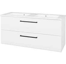 Dvojumyvadlo se skříňkou, dvě zásuvky s černými úchytkami, bílá.