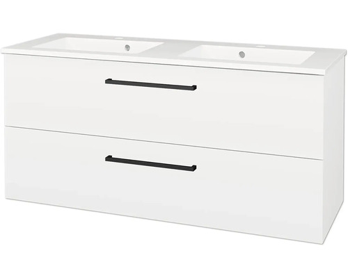 Dvojumyvadlo se skříňkou, dvě zásuvky s černými úchytkami, bílá.