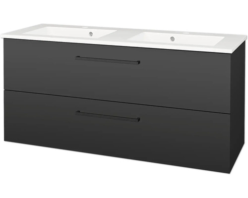 Moderní koupelnová sestava složená z antracitové spodní skříňky se dvěma zásuvkami a bílého dvojumyvadla.