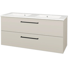 Dvojitá umyvadlová skříňka se dvěma širokými zásuvkami a černými úchyty.