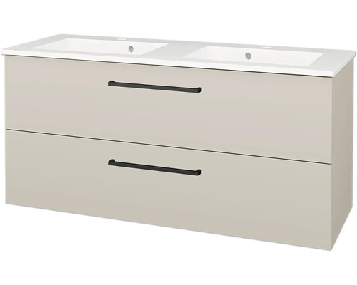 Dvojitá umyvadlová skříňka se dvěma širokými zásuvkami a černými úchyty.