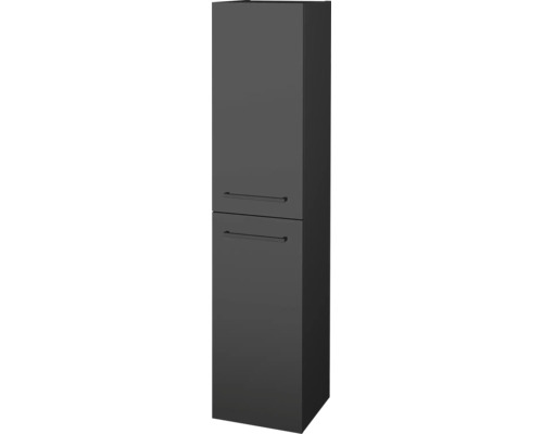 Vysoká koupelnová skříňka se dvěma dvířky a vodorovnými úchyty v antracitové barvě.
