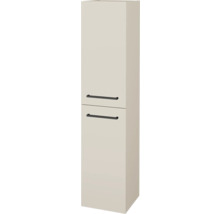 Béžová vysoká koupelnová skříňka se dvěma dvířky a černými úchyty.