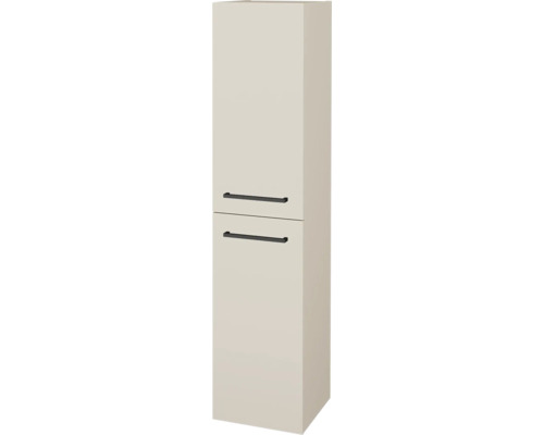 Béžová vysoká koupelnová skříňka se dvěma dvířky a černými úchyty.