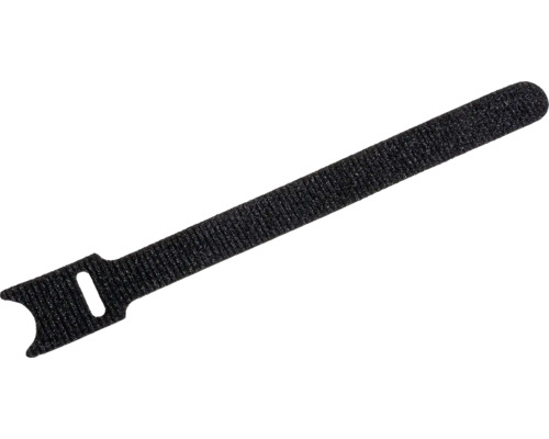 Černý vázací pásek na suchý zip z plastu s očkem pro upevnění.