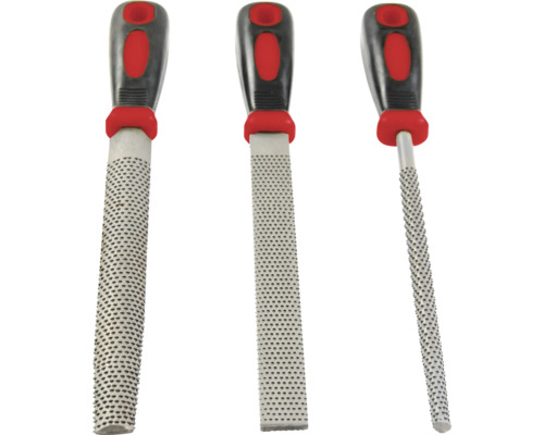 Tři rašple s plastovými rukojeťmi