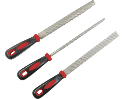 Sada rašplí se třemi různými tvary a rukojeťmi