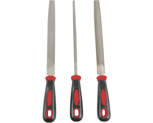 Tři pilníky s rukojetí pro obrábění kovů