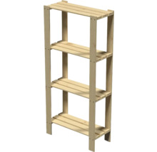 Dřevěný regál se čtyřmi policemi z neošetřeného jehličnatého dřeva, stabilní úložný regál do sklepa, garáže nebo dílny.