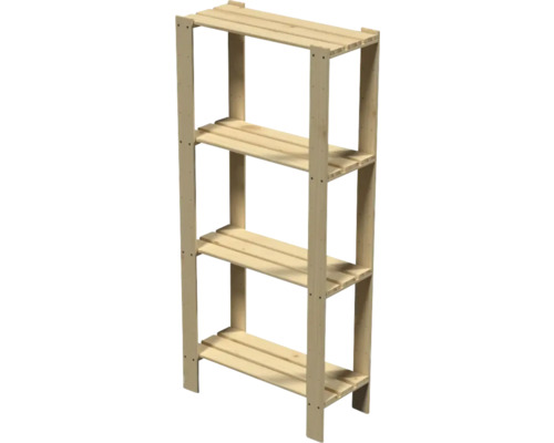 Dřevěný regál 1740x800x350 mm, borovice Dřevěný regál se čtyřmi policemi z neošetřeného jehličnatého dřeva, stabilní úložný regál do sklepa, garáže nebo dílny.