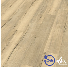 Laminátová podlaha se strukturou dubového dřeva, 24hodinová odolnost proti vodě a protiskluznost.