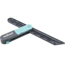 wolfcraft pokosník z plastu v šedé a tyrkysové barvě s integrovanou stupnicí pro měření a přenášení úhlů.