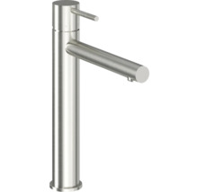 Vysoká umyvadlová baterie z kartáčované nerezové oceli s pákovým ovládáním a válcovým výtokem.