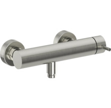 Nástěnná sprchová baterie z kartáčované nerezové oceli v válcovém designu s bočním ovládáním.