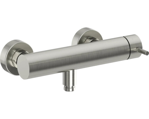 Nástěnná sprchová baterie z kartáčované nerezové oceli v válcovém designu s bočním ovládáním.