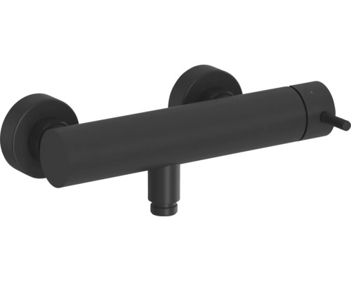 Černá matná sprchová baterie pro nástěnnou montáž v moderním válcovém designu.