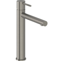 Páková umyvadlová baterie s vysokým výtokem z kartáčované nerezové oceli pro umyvadlové mísy.